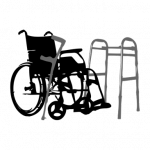 Rollstuhl neben Gehhilfe