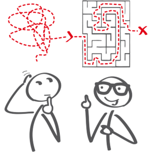 zwei Strichmännchen mit Labyrinth in Sprechblase