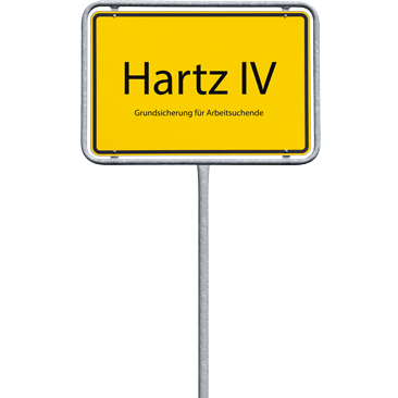 gelbes Ortsschild mit Aufschrift Hartz 4